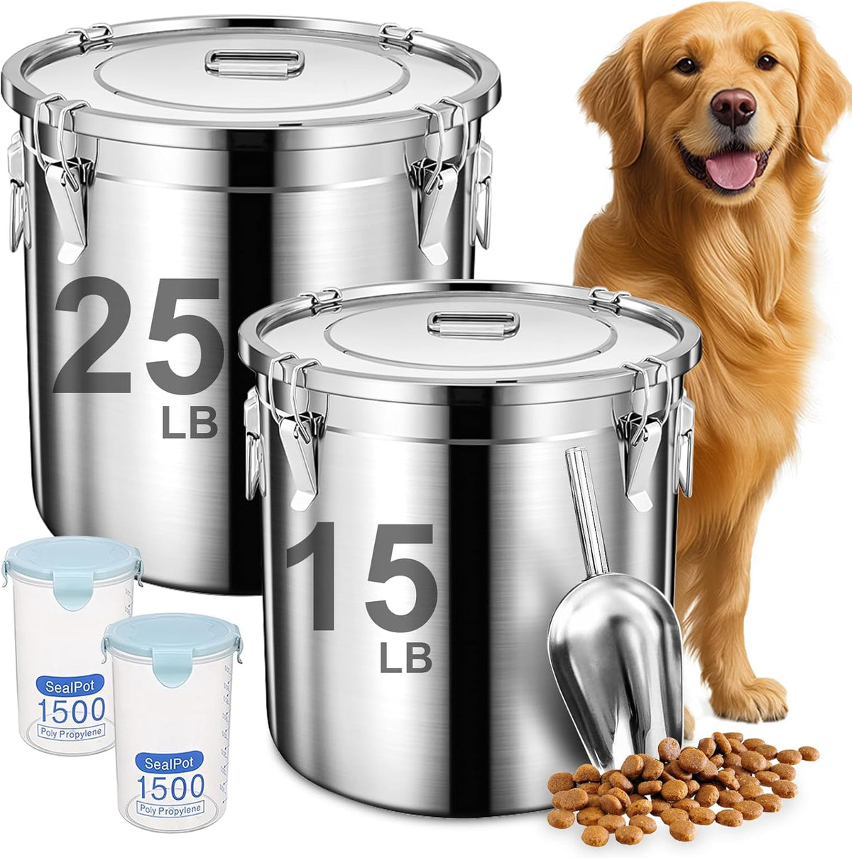 Dog Food Storage Containers, Large Stainless Steel Pet Food Storage Containers 38 lb / 17 kg to