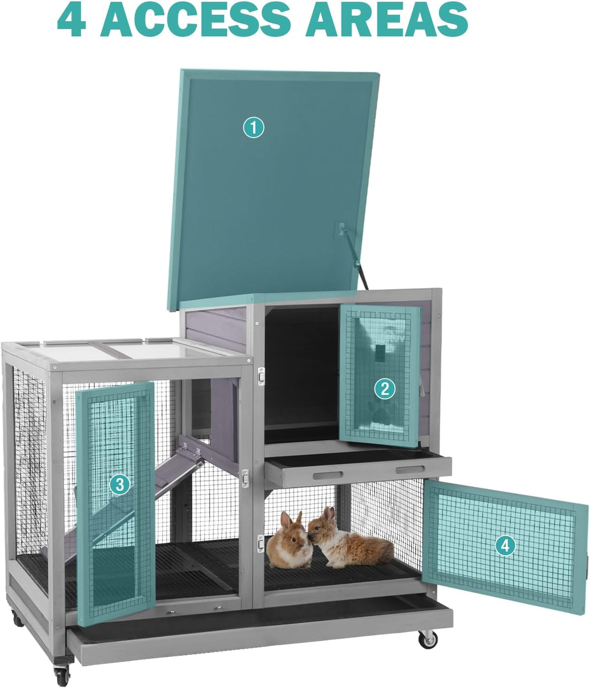 Rabbit Hutch Indoor for 2-4 Rabbits & Guinea Pigs，Bunny Cage with Slide-Out Plastic Trays，Wooden