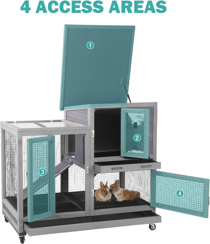 Rabbit Hutch Indoor for 2-4 Rabbits & Guinea Pigs，Bunny Cage with Slide-Out Plastic Trays，Wooden