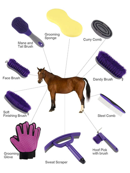 Horse Grooming Kit (12-Piece): Brushes, Storage Bag, Sweat Scraper, Mane Comb, Grooming Gloves