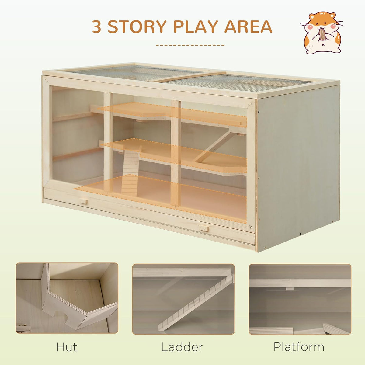 PawHut 45" Extra Large Wooden Hamster Cage, 3-Layer Chewproof Rat Cage with Opening Roof, Hut