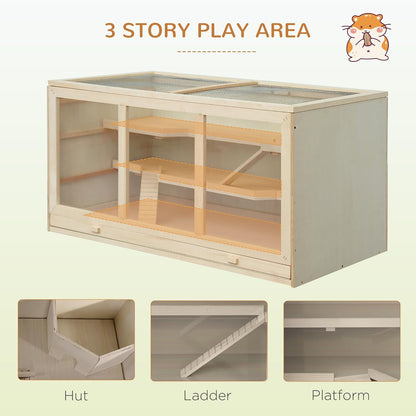 PawHut 45" Extra Large Wooden Hamster Cage, 3-Layer Chewproof Rat Cage with Opening Roof, Hut