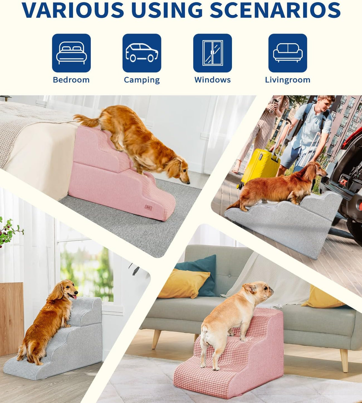 Dog Step for Bed, Dog Stair 3-Step 35D Pet Stair 15.7" H for High Bed or Sofa Non-Slip Balanced Pet