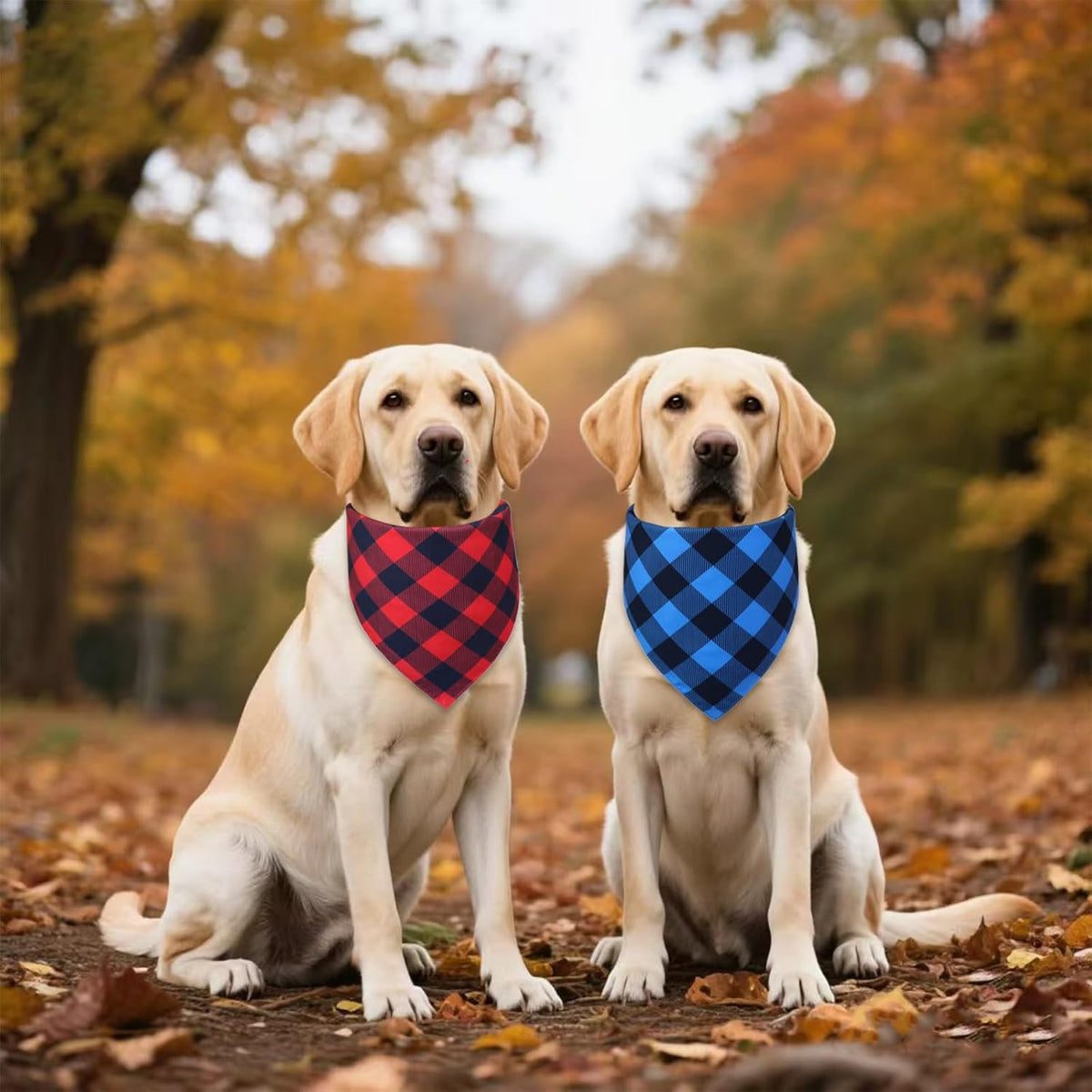 Plaid Dog Bandanas 2-Pack for Small Dogs, Red-Black & Blue-Black Buffalo Check Set - Adjustable