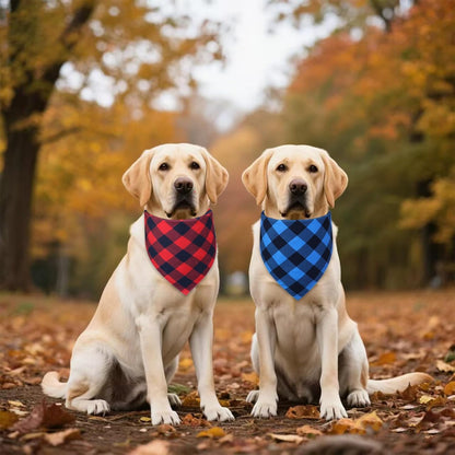 Plaid Dog Bandanas 2-Pack for Small Dogs, Red-Black & Blue-Black Buffalo Check Set - Adjustable