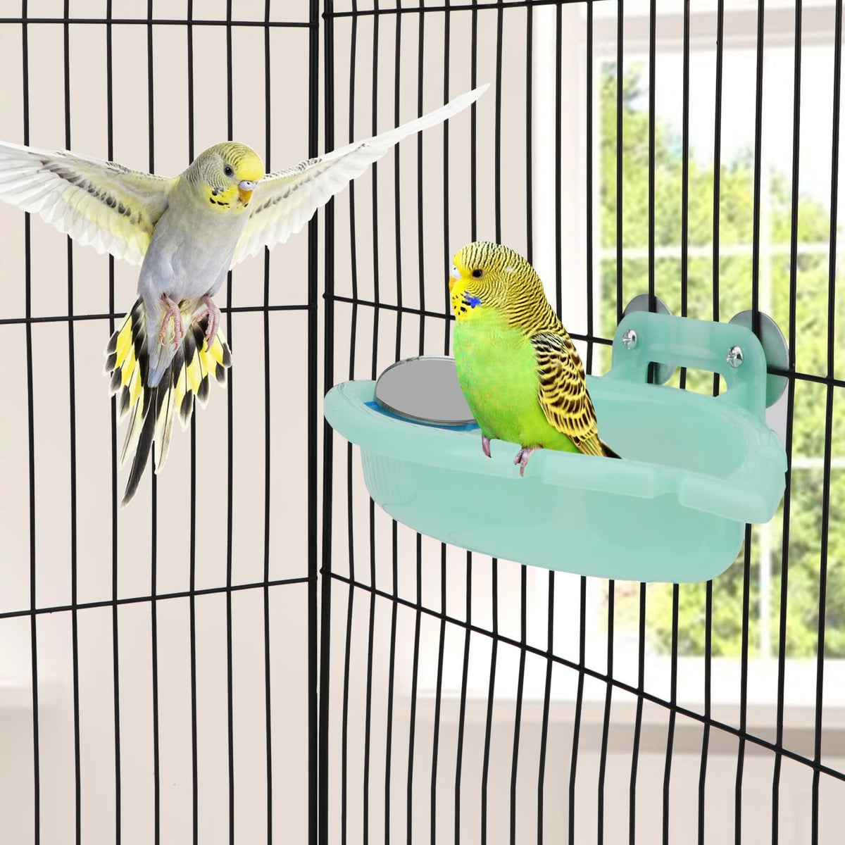 Wontee Bird Bath for Cage Portable Parrot Hanging Bathroom Bathing Tub with Mirror for Small Birds