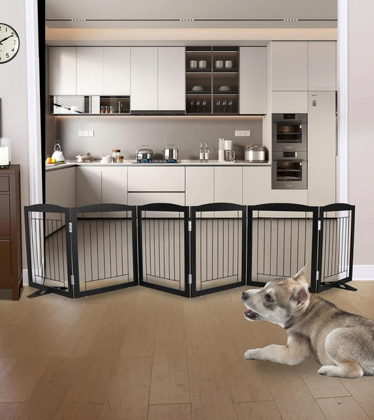 ZJSF Freestanding Dog Fence Indoor, Foldable Dog Gate for Doorways, Stairs or Hallways, Sturdy Wood