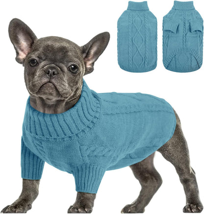 Queenmore Small Dog Pullover Sweater, Cold Weather Cable Knitwear, Classic Turtleneck Thick Warm