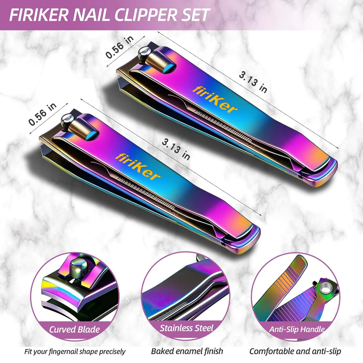 2PCS Stainless Steel Nail Clippers,Rainbow Fingernail Clipper and Toenail Clipper, Wide Easy Press