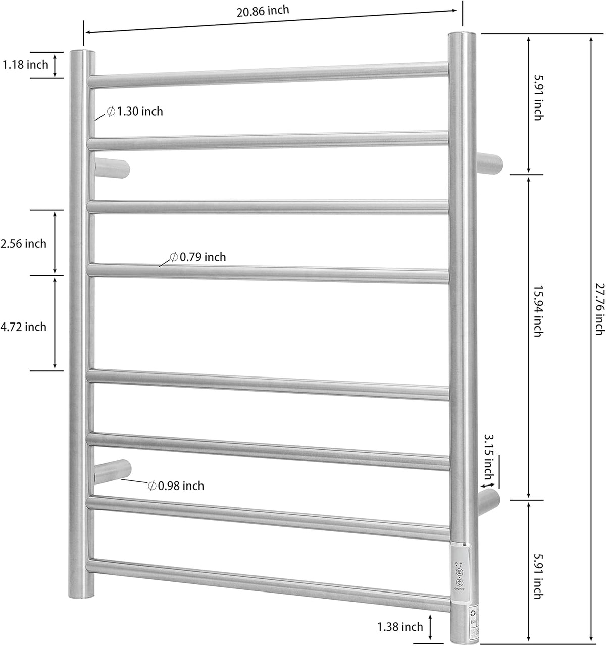 KEG Towel Warmer Wall Mounted with Built-in Timer 8 Bars Electric Stainless Steel Heated Towel
