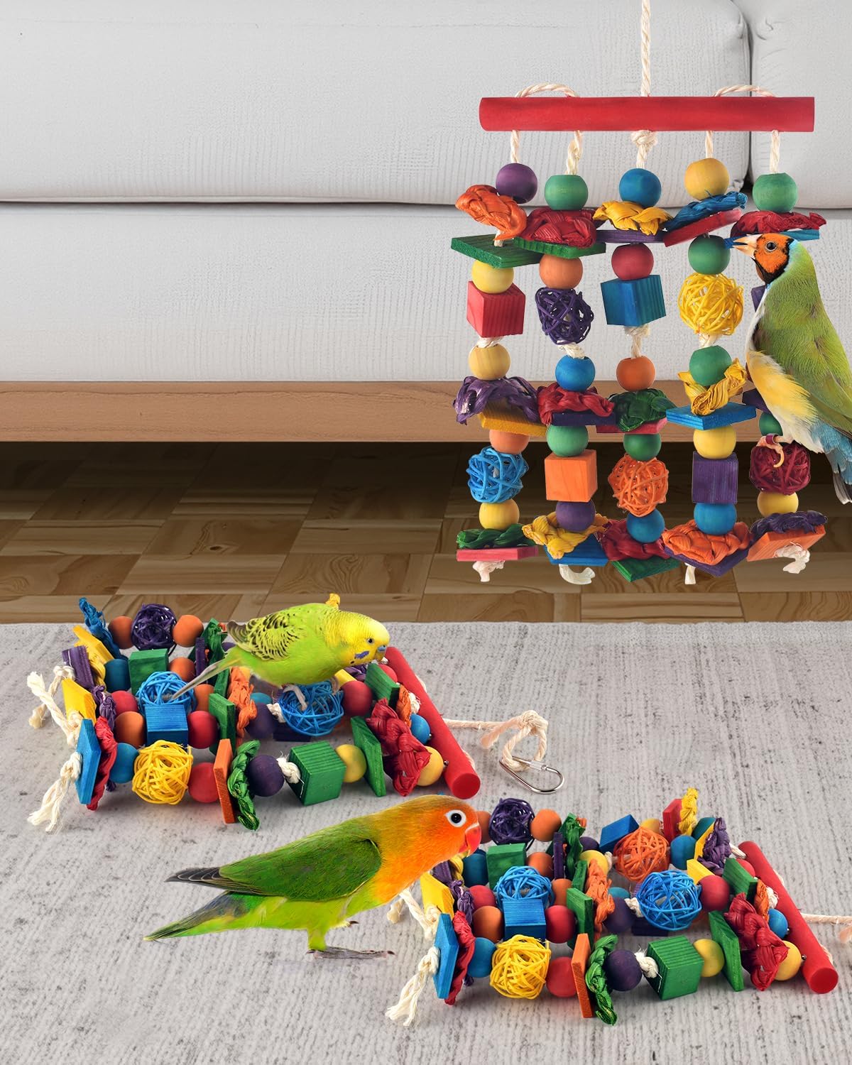 Bird Toys, 3PCS Parrot Foraging Hanging Toy, Multicolored Natural Wooden Blocks Parakeet Chewing