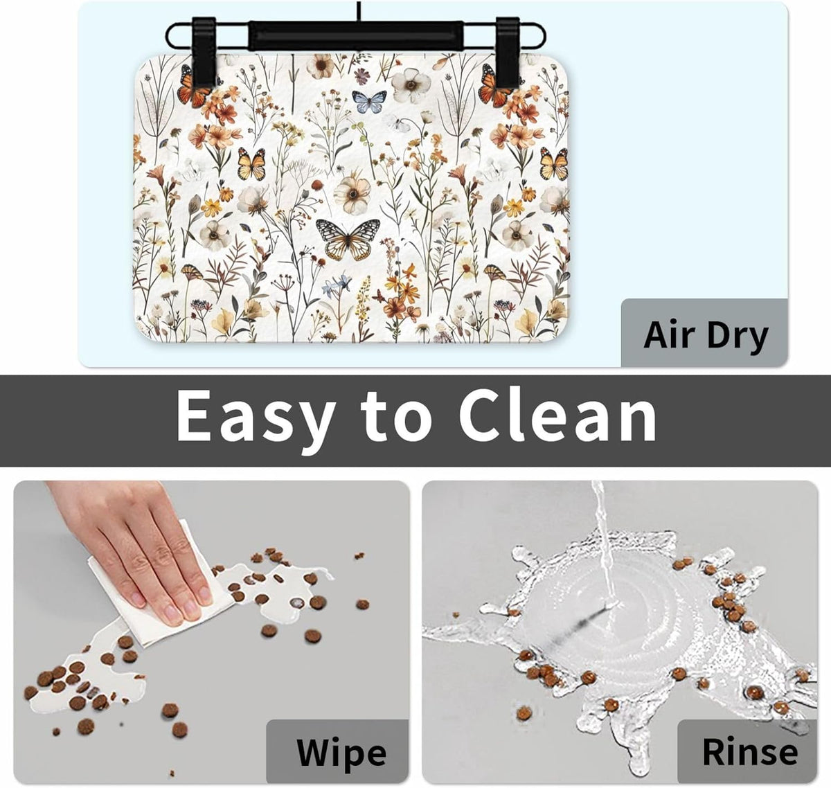 Wildflower Butterfly Dog Food Mat Absorbent Bowl Mats No Stains Quick Dry Waterproof Pet Cat