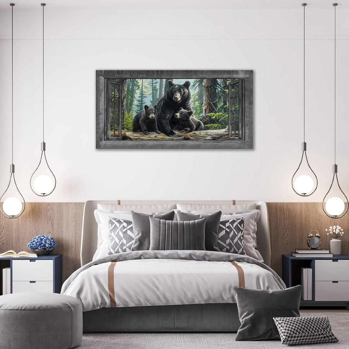 Large Wall Art Black Bear Canvas Cabin Living Room Pictures Prints Forest Oversize Wall Decor