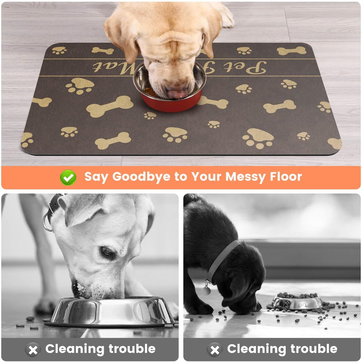 Pet Feeding Mat-Absorbent Pet Placemat for Food and Water Bowl, with Waterproof Rubber Backing