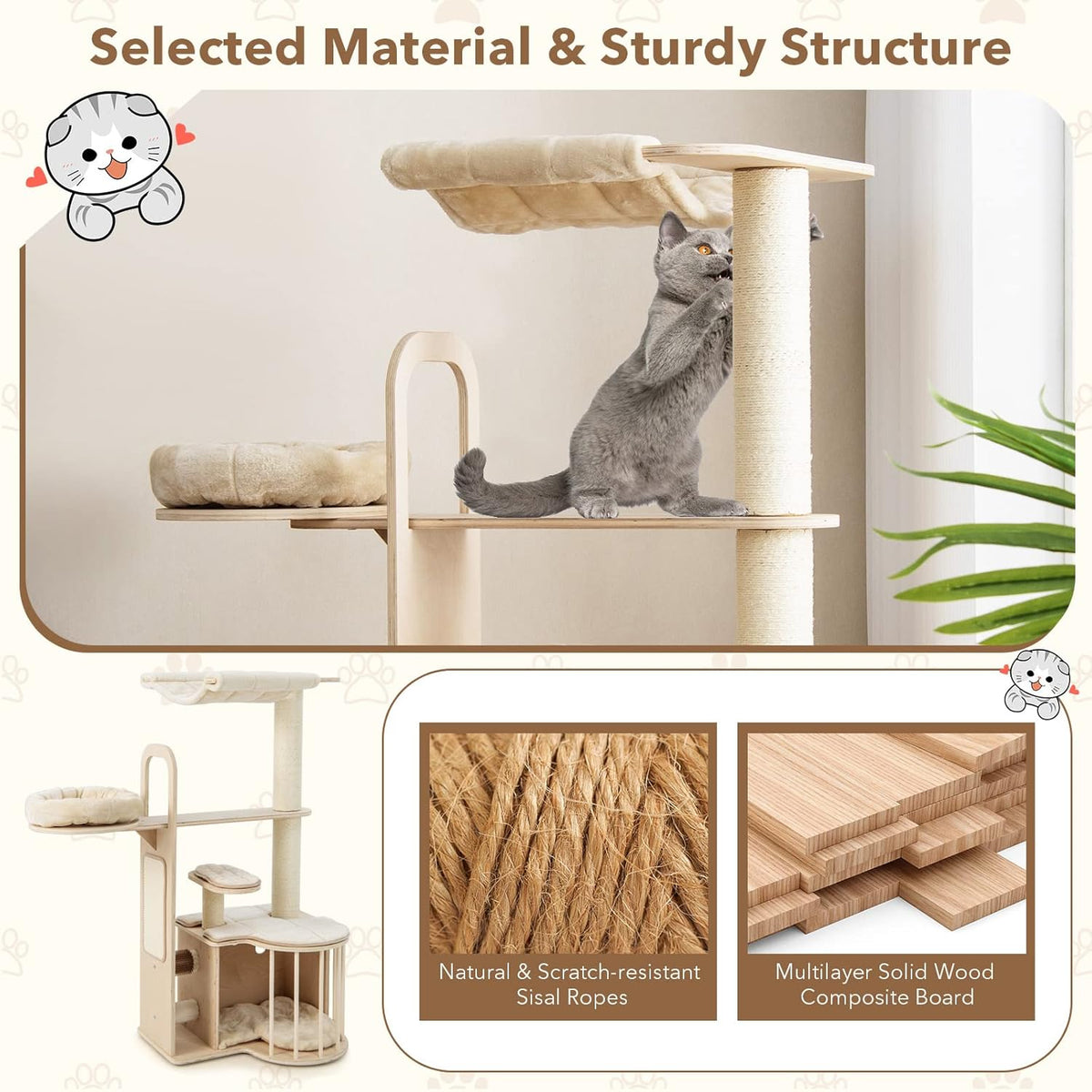 Tangkula Wood Cat Tree for Indoor Cats, 55 Inch Multi-Level Cat Tower Activity Center with Hammock