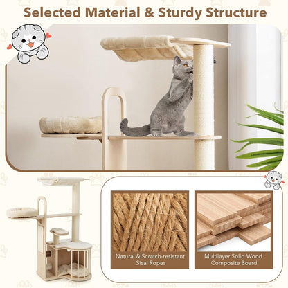Tangkula Wood Cat Tree for Indoor Cats, 55 Inch Multi-Level Cat Tower Activity Center with Hammock