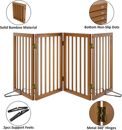 Freestanding Pet Gate Foldable 4 Panel Dog Gate Walnut Dog Gates for Stair Doorways House Indoor (2