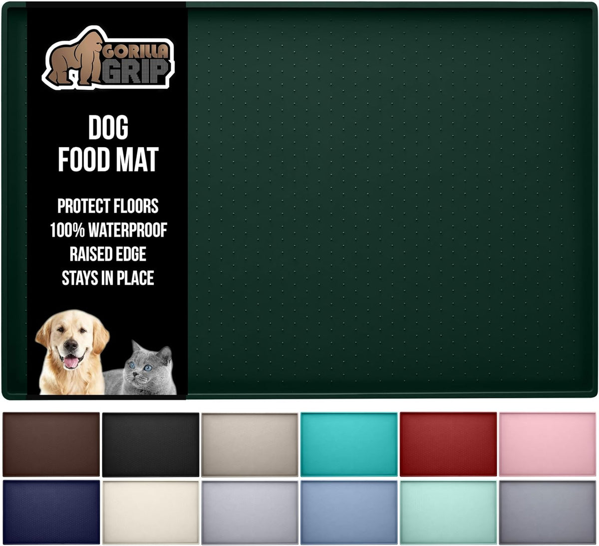 GORILLA GRIP 100% Waterproof Raised Edge BPA Free Silicone Pet Feeding Mat, Dog Cat Food Mats