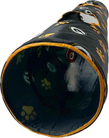 NFL Green Bay Packers Cat Tunnel Tube Toy with Plush Football Catnip and Feathers Collapsible
