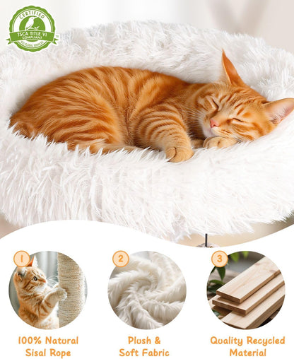 61" Wooden Cat Tree Tower for Indoor Cats, Luxury Modern Wooden Tower with XL Plush Lounge, Hammock