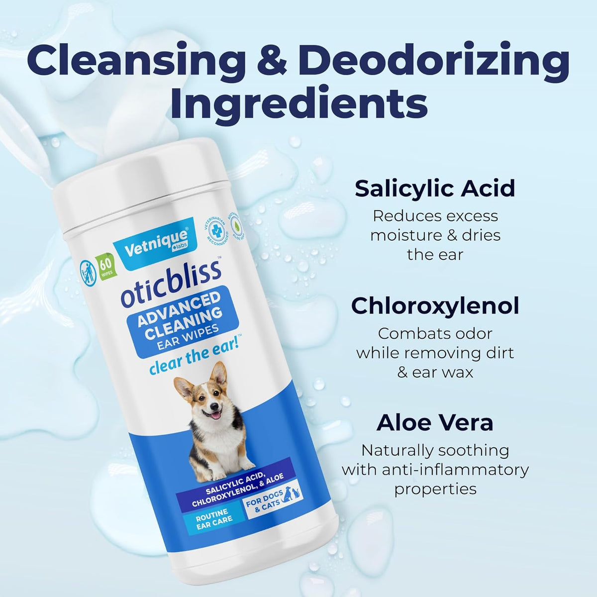 Vetnique Oticbliss Advanced Cleaning Ear Wipes for Dogs for Odor Control, Dirt and Wax Removal with