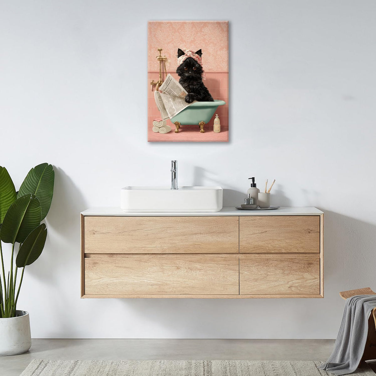 Cat Bathroom Wall Decor Black Cat Reading Newspaper in Bathtub Canvas Wall Art Funny Bathroom
