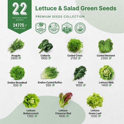 Organo Republic 22 Lettuce & Salad Greens Seeds Variety Pack 24,700+ Non-GMO Heirloom Lettuce Seeds