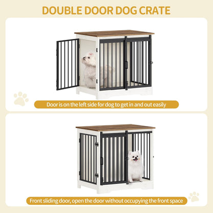 27.2" Dog Crate Furniture with Barn Door, Heavy Duty Dog Kennel Indoor with 2 Doors, Wooden Pet