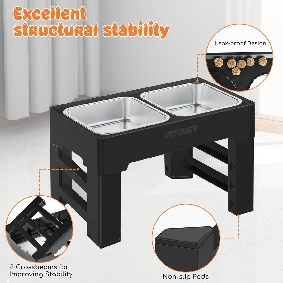 URPOWER Elevated Dog Bowls 4 Height Adjustable Raised Stand with 2 Large Stainless Steel Dog Food