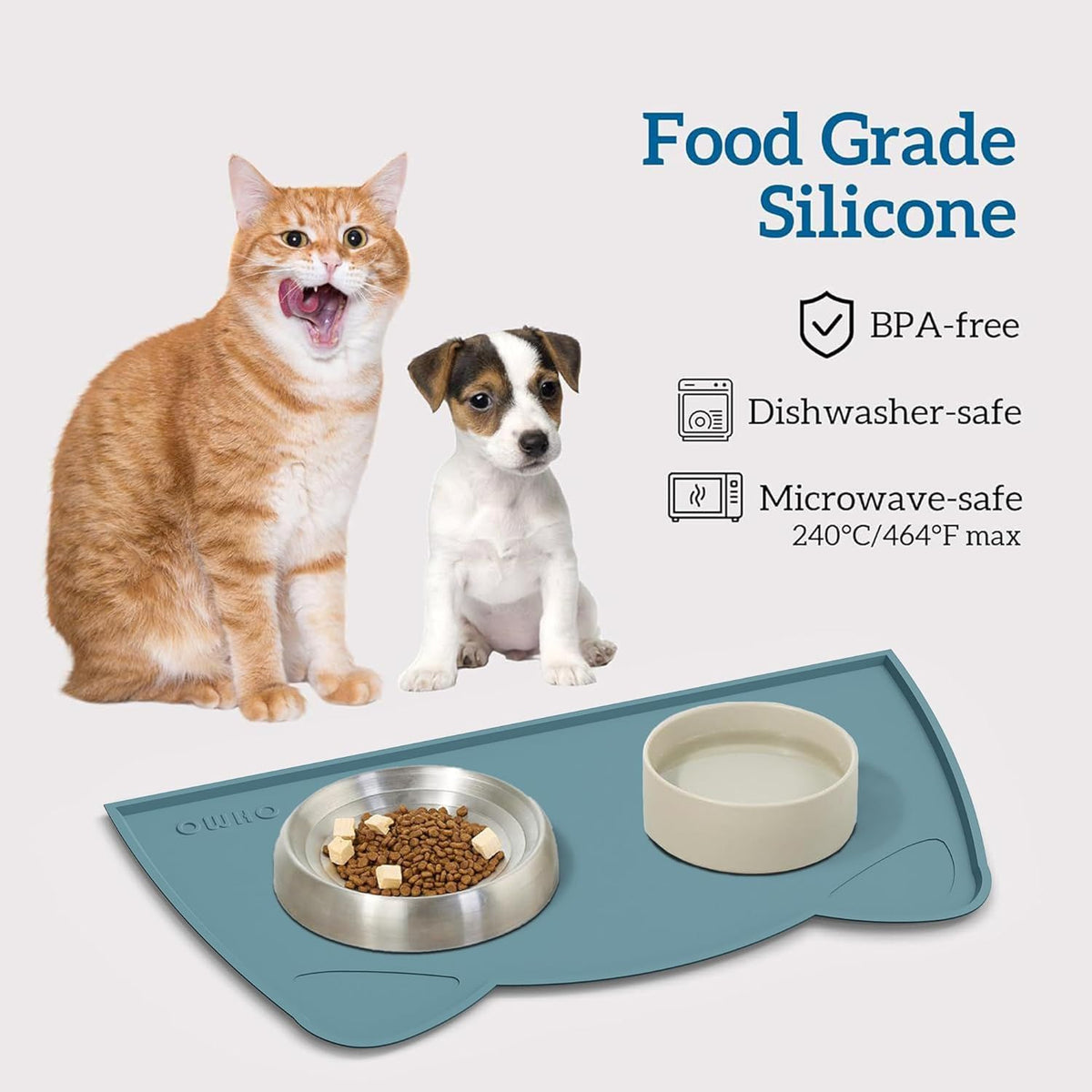 OHMO - Cat Food Mat, Silicone Pet Feeding Mat for Floor Non-Skid Waterproof Dog Water Bowl Tray