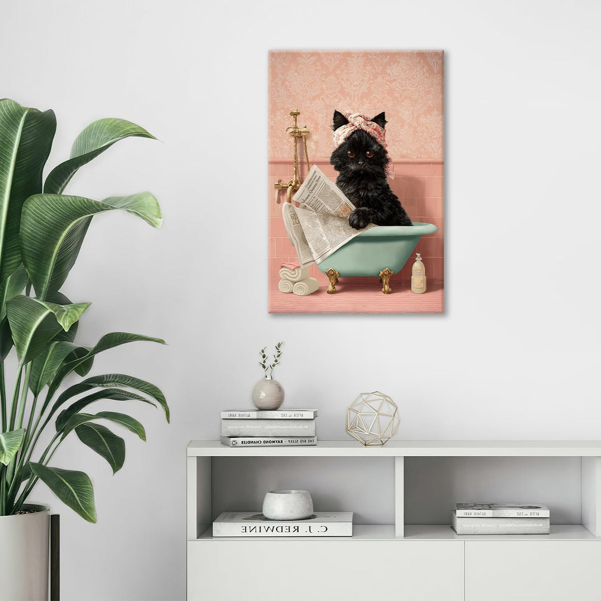 Cat Bathroom Wall Decor Black Cat Reading Newspaper in Bathtub Canvas Wall Art Funny Bathroom