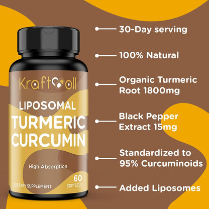 Liposomal Turmeric Curcumin 2200 mg with Black Pepper for Enhanced Absorption and Joint Support, 60