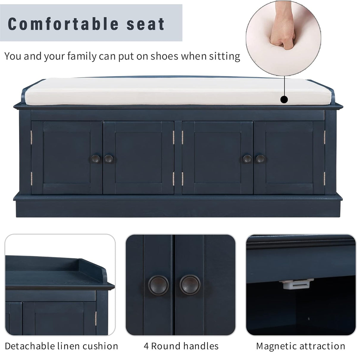 Storage Bench with 4 Doors and Adjustable Shelves, Shoe Bench with Removable Cushion for Living