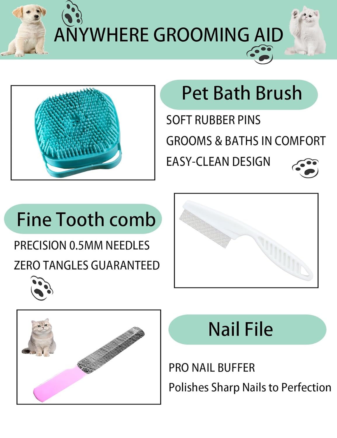 6ps Dog Cat Brush Grooming Kitf, Dog Cat Brushes, Bath Brush, Dematting Rake and Comb, Nail