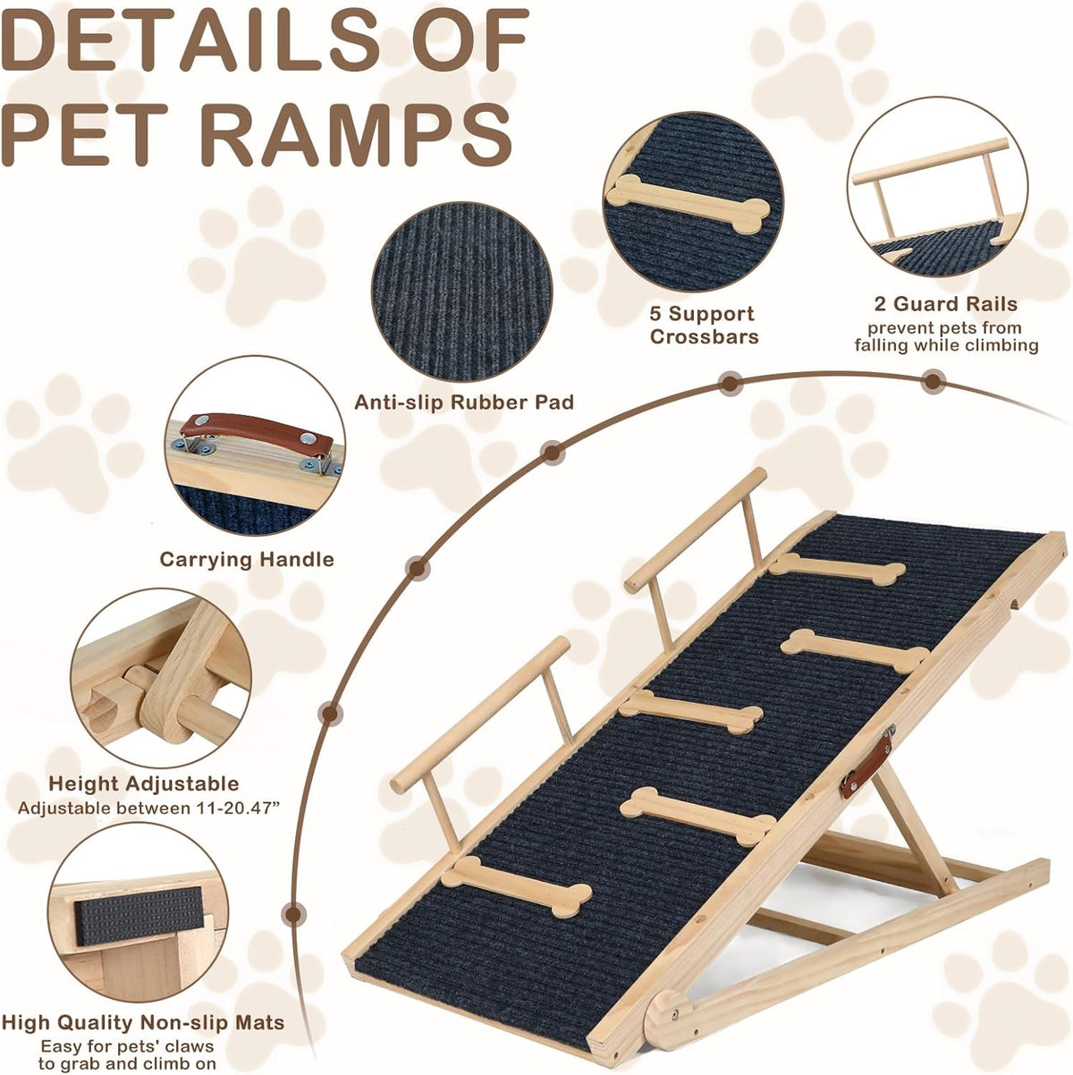 Dog Ramp for Bed, Non-Slip Pet Ramp with 5 Adjustable Heights, Portable Foldable Wooden 40" Long