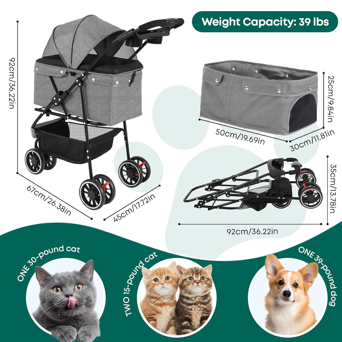 Pet Stroller,Dog Stroller for Small Medium Dogs Cats,3 Wheels,Foldable,with Breathable Mesh
