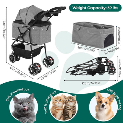 Pet Stroller,Dog Stroller for Small Medium Dogs Cats,3 Wheels,Foldable,with Breathable Mesh