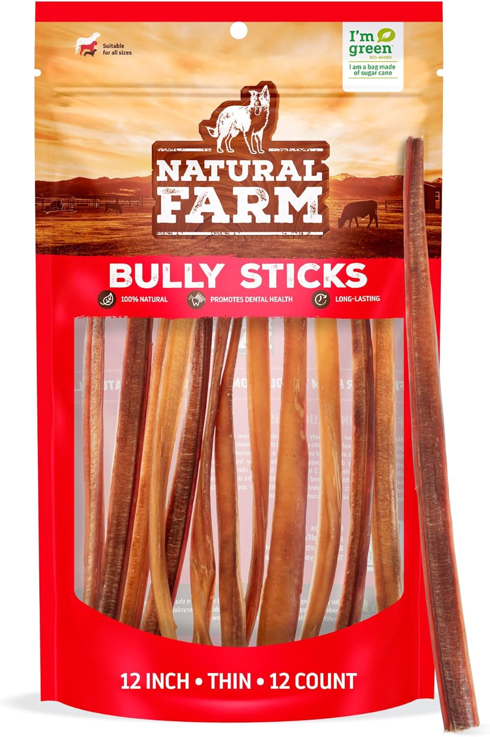 Natural Farm Odor-Free Thin Bully Sticks (12”, 12-Pack) All-Natural Long-Lasting Dog Chews, 100%
