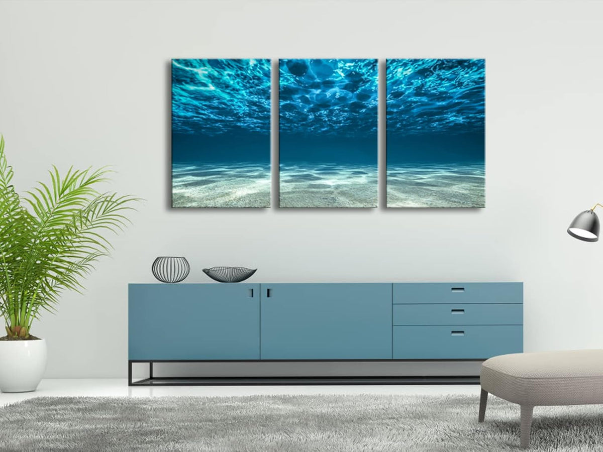 Wieco Art 3 Piece Blue Ocean Bottom Canvas Wall Art for Living Room Beach for Bedroom Wall Decor