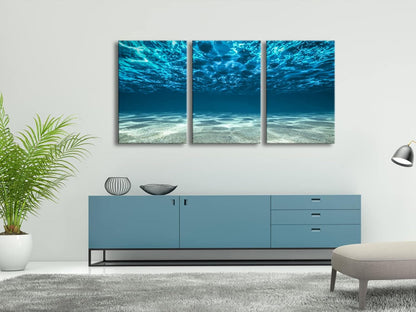 Wieco Art 3 Piece Blue Ocean Bottom Canvas Wall Art for Living Room Beach for Bedroom Wall Decor