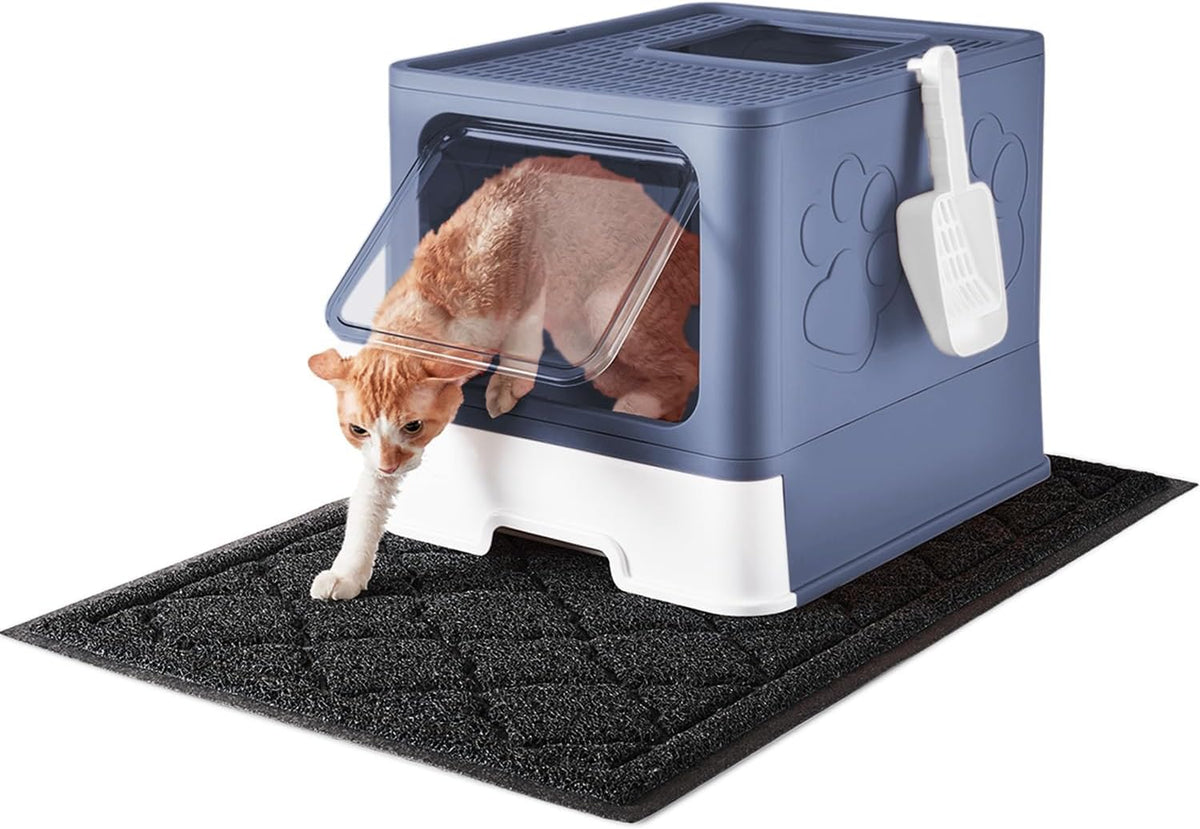 Cat Litter Box with X-Large Litter Mat and Scoop, Large Foldable Litter Box with Lid, Enclosed