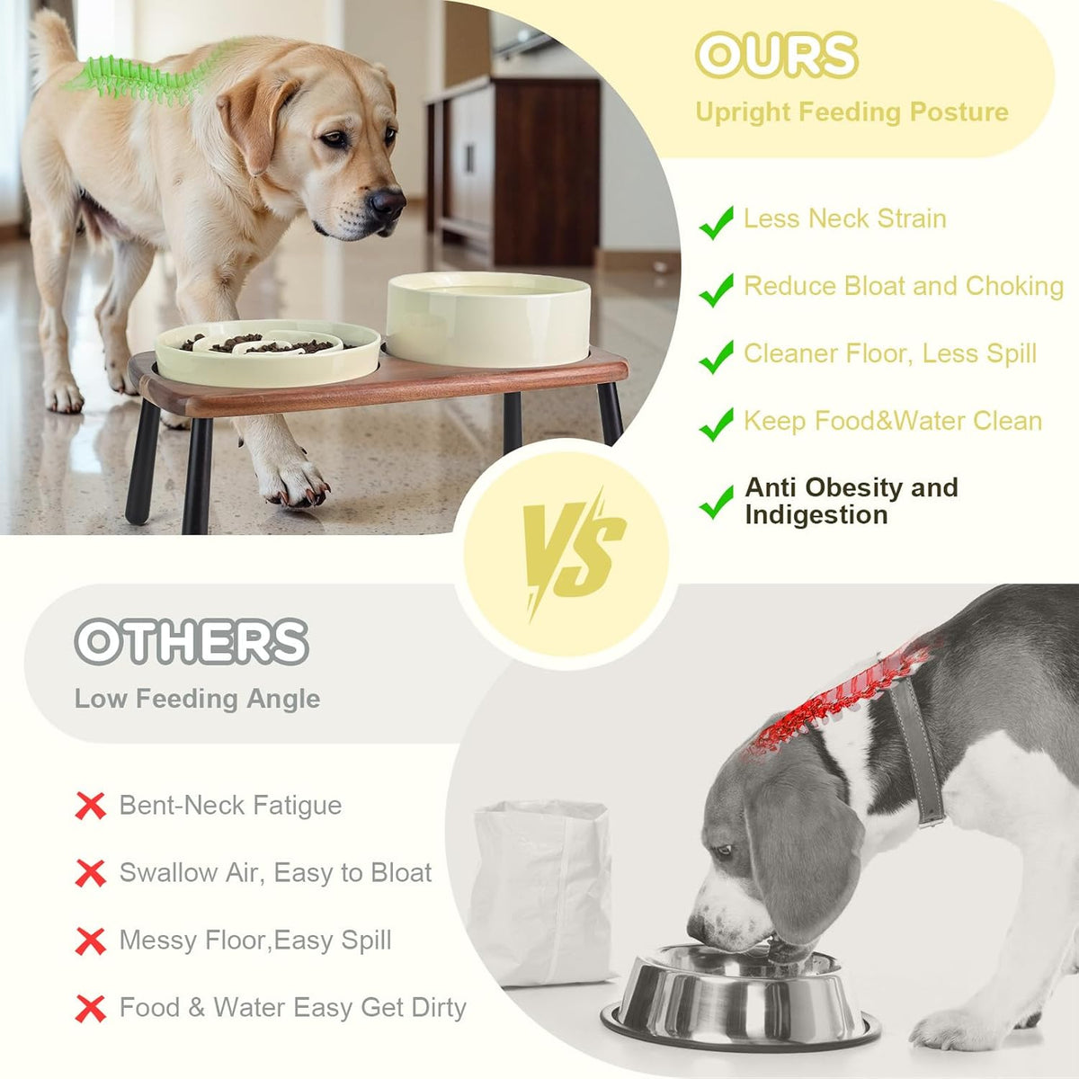 SPUNKYJUNKY Ceramic Elevated Dog Bowls with Slow Feeder Raised Acacia Bamboo Wooden Stand, 8.3''