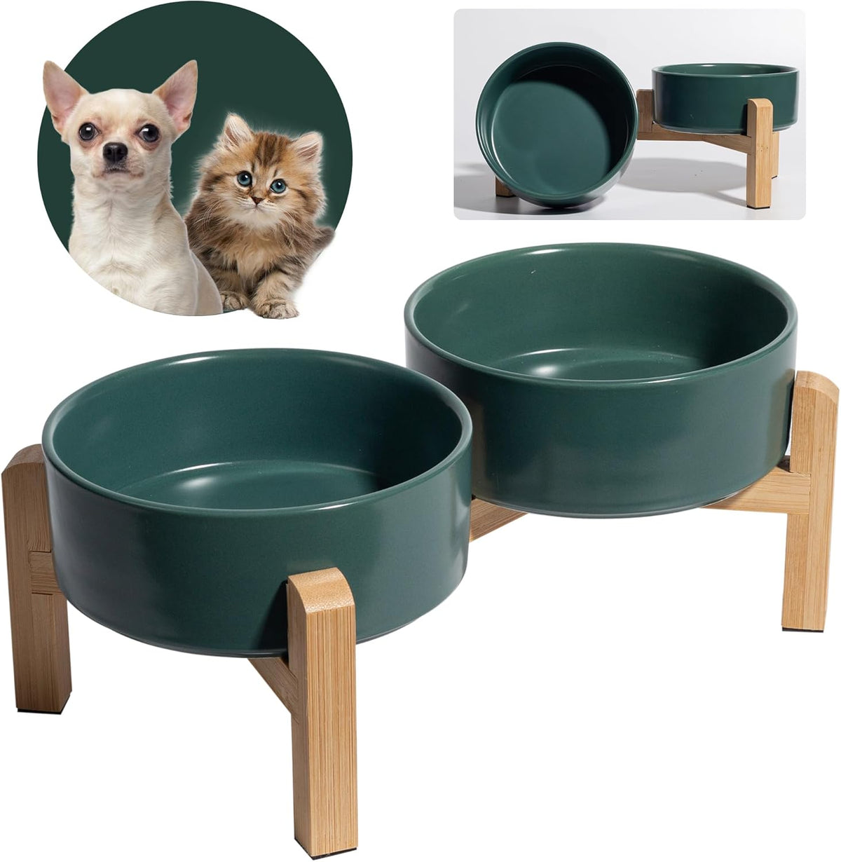 Elevated Ceramic Dog Bowl Set - Raised Feeding Bowls with Non-Slip Bamboo Stand - Small Pet Dishes