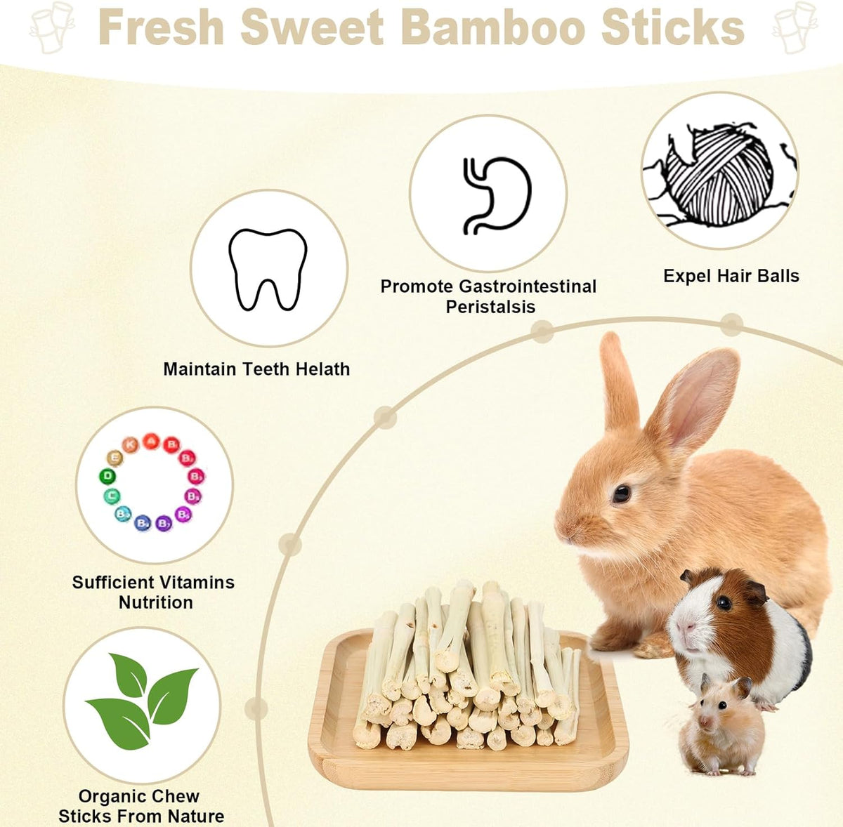 900g Sweet Bamboo Chew Sticks for Rabbits, Chinchilla Rabbit Toys Guinea Pig Chews Sticks, Natural
