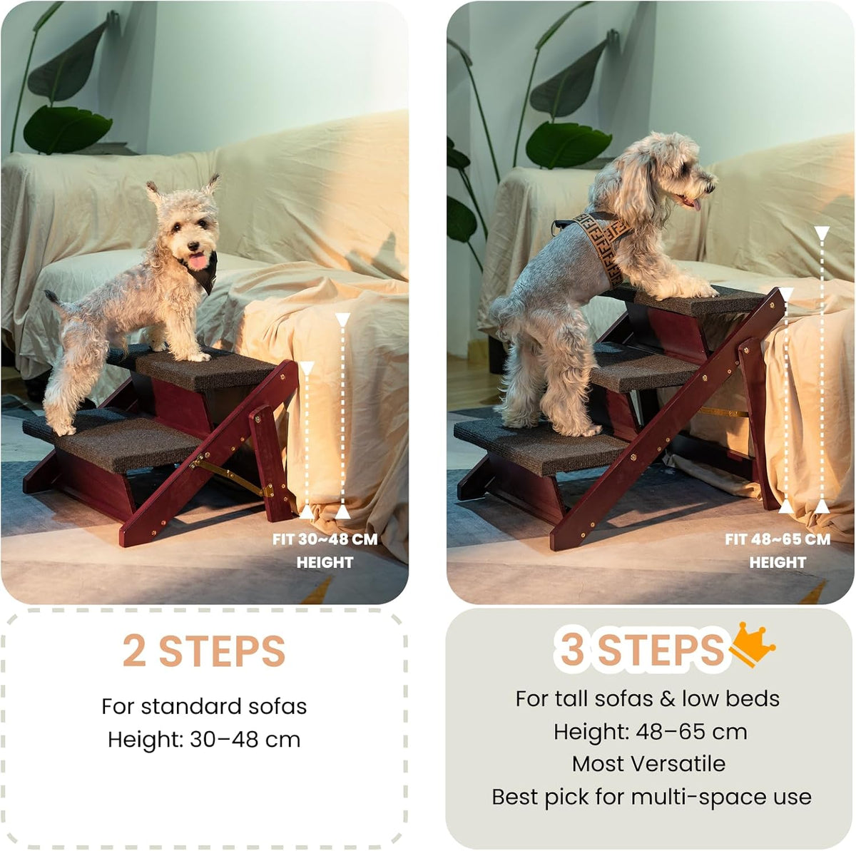 MEWANG Wooden Pet Stairs/Pet Steps - 3-in-1 Foldable Stairs & Ramp for Beds and Cars - Portable
