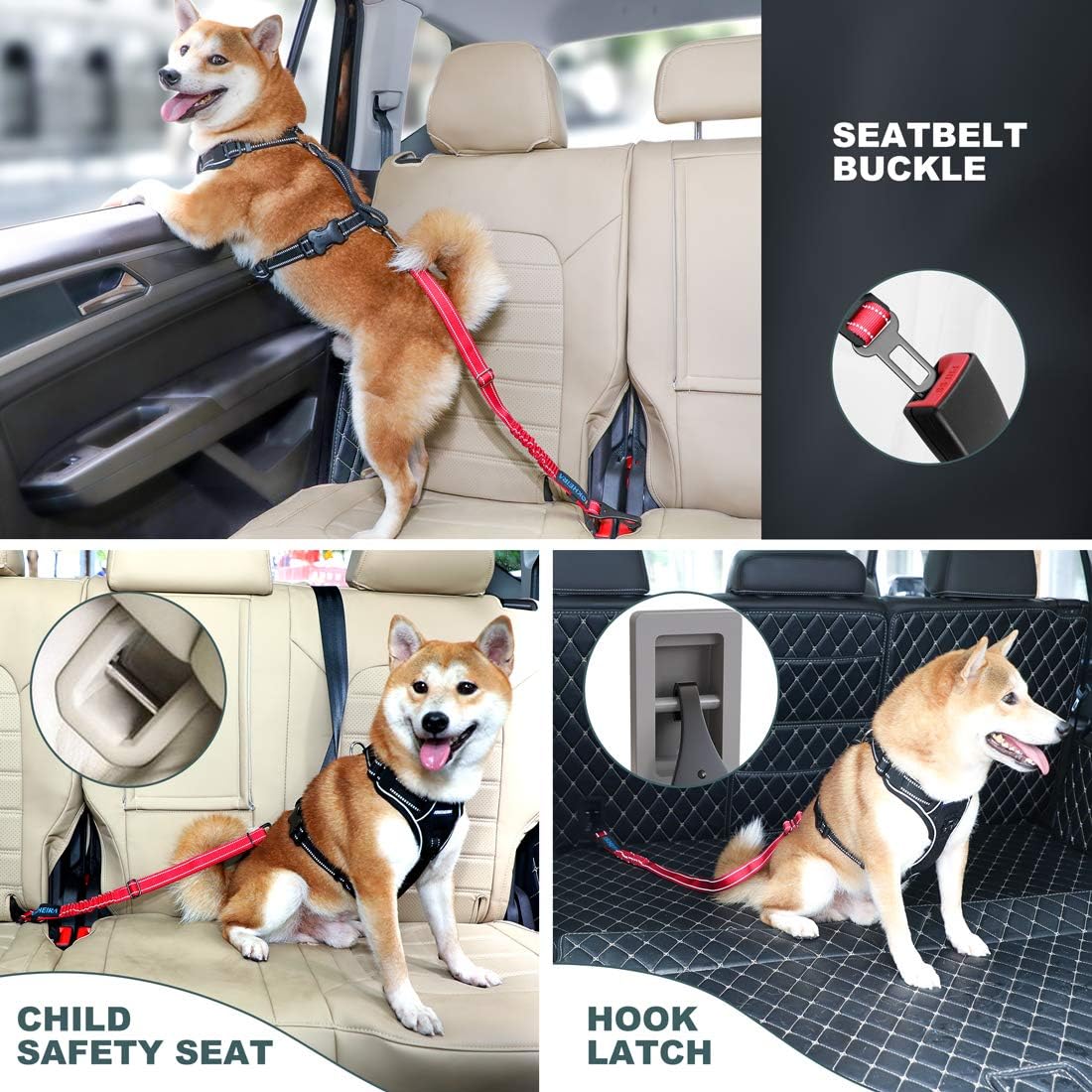 IOKHEIRA Dog Seat Belt 3-in-1 Car Harness for Dogs Adjustable Safety Seatbelt for Car Durable Nylon