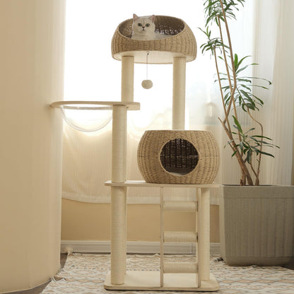 Rattan Cat Tree for Indoor Cats,Tall Cat Tree Tower with Cat Scratching Post,Wood Cat Tower for