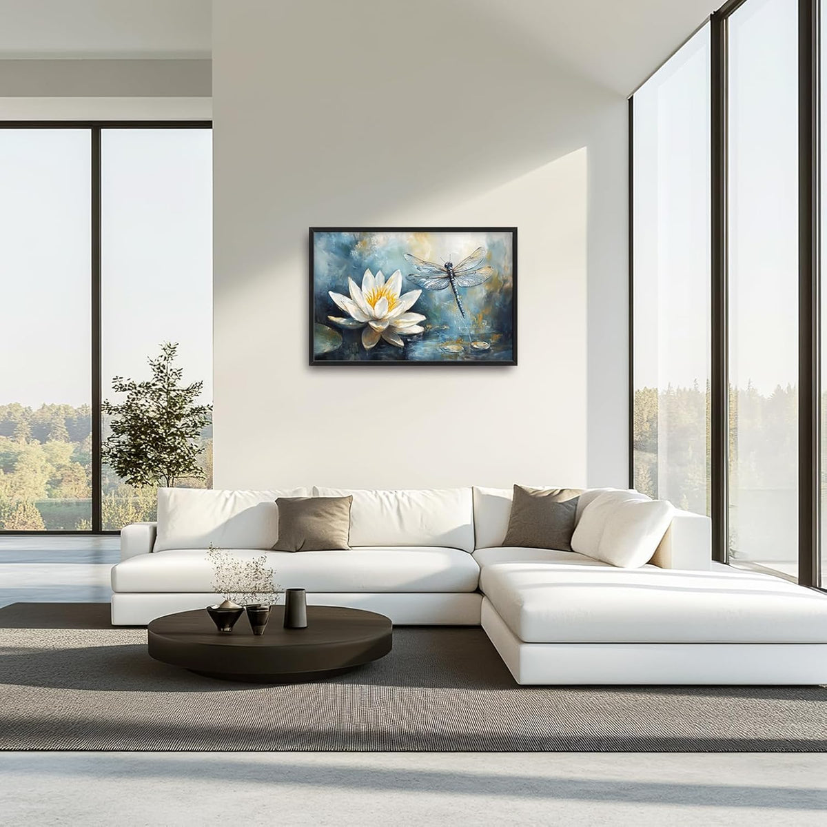 Extra Large Lotus Dragonfly Framed Wall Art for Living Room,Abstract Blue Lotus Flower Lake
