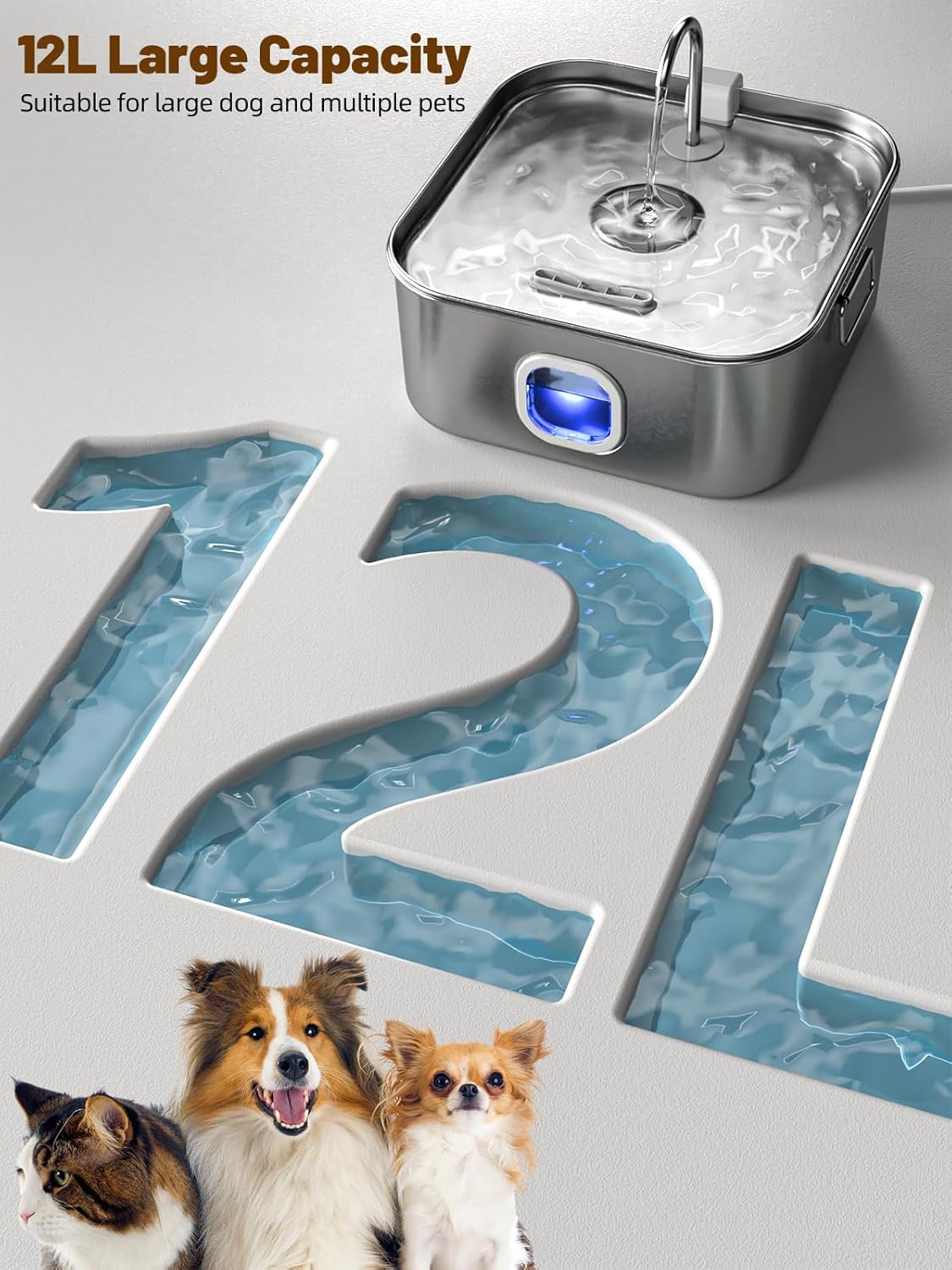 Dog Water Fountain Stainless Steel, 410oz/3.2Gal/12L Large Pet Water Fountain for Large Dog, Dog
