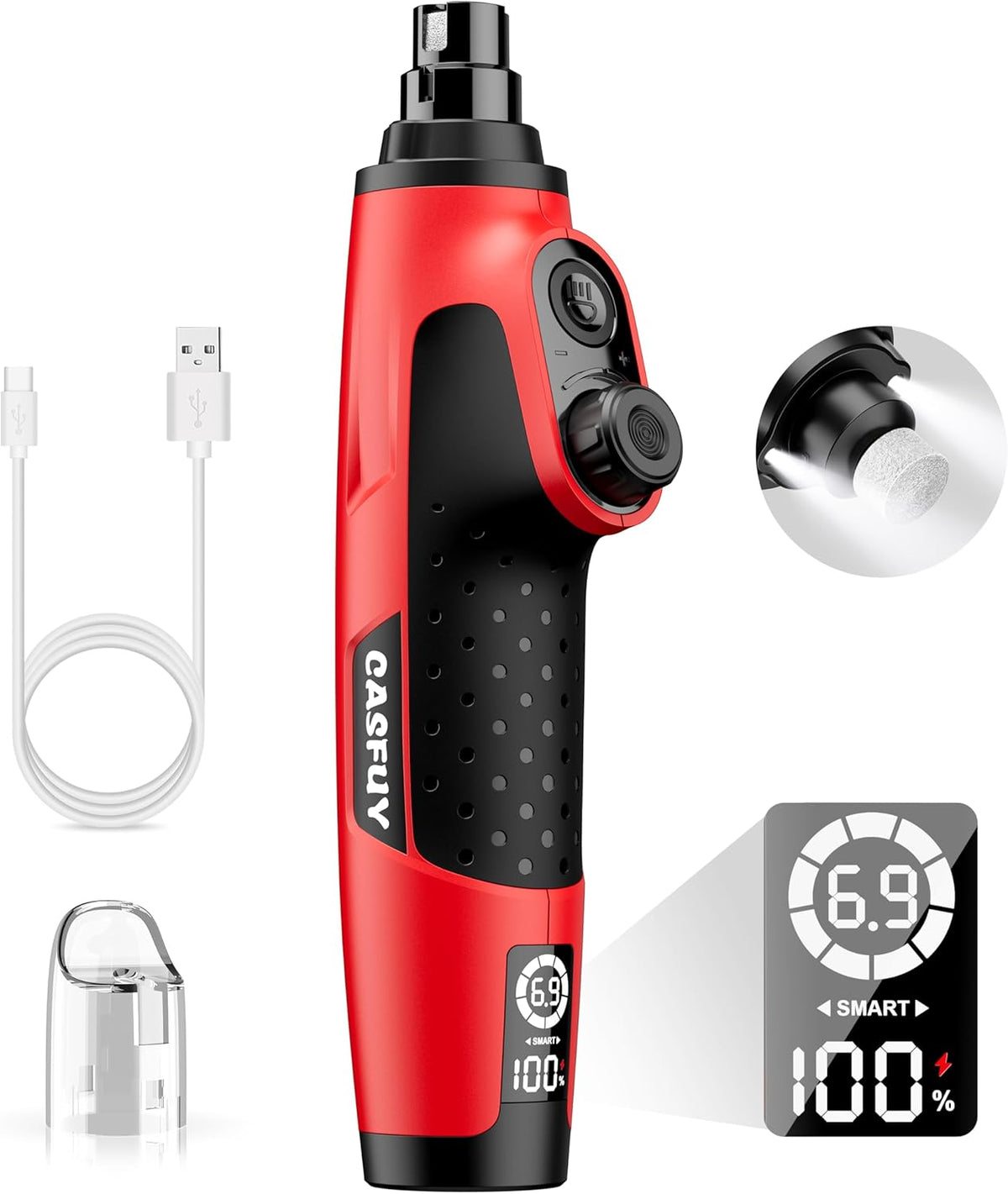 Casfuy Smart 6-Speed Dog Nail Grinder - 50% More Power Pet Nail Grinder with 2 LED Lights Quiet